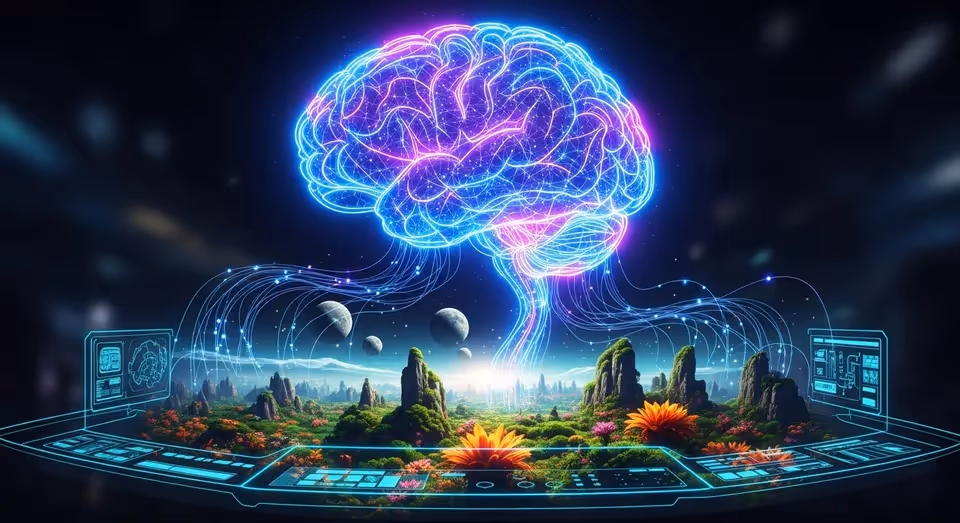 Cérebro digital luminoso conectado a paisagem futurista