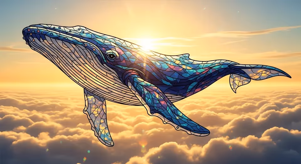 Baleia em mosaico colorido flutuando sobre nuvens ao pôr do sol