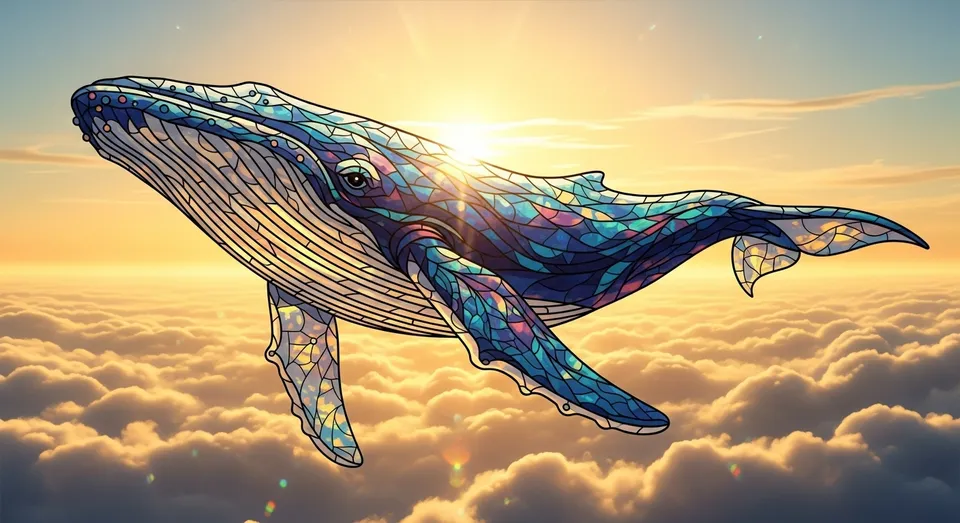 Baleia em mosaico colorido flutuando sobre nuvens ao pôr do sol