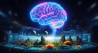 Inteligência artificial em forma de cérebro brilhante e holográfico
