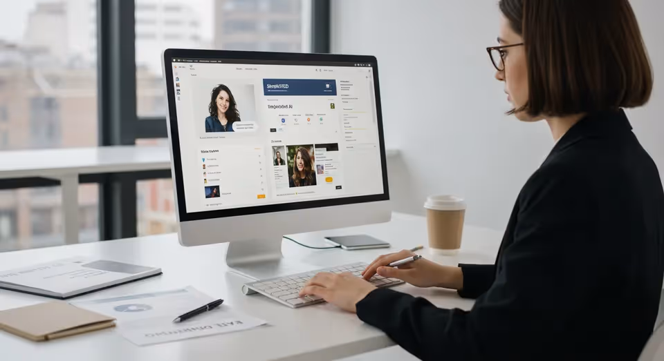 Mulher digitando em computador com plataforma de IA