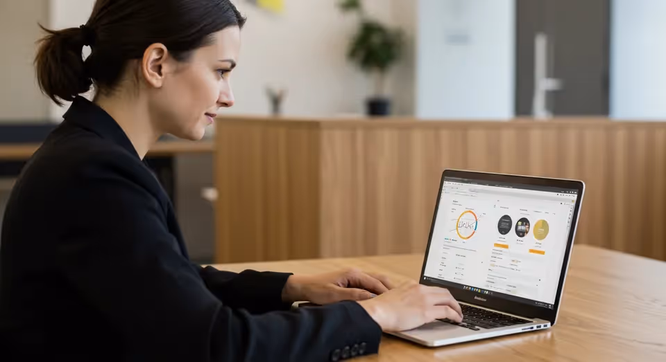 Mulher analisando métricas empresariais em notebook