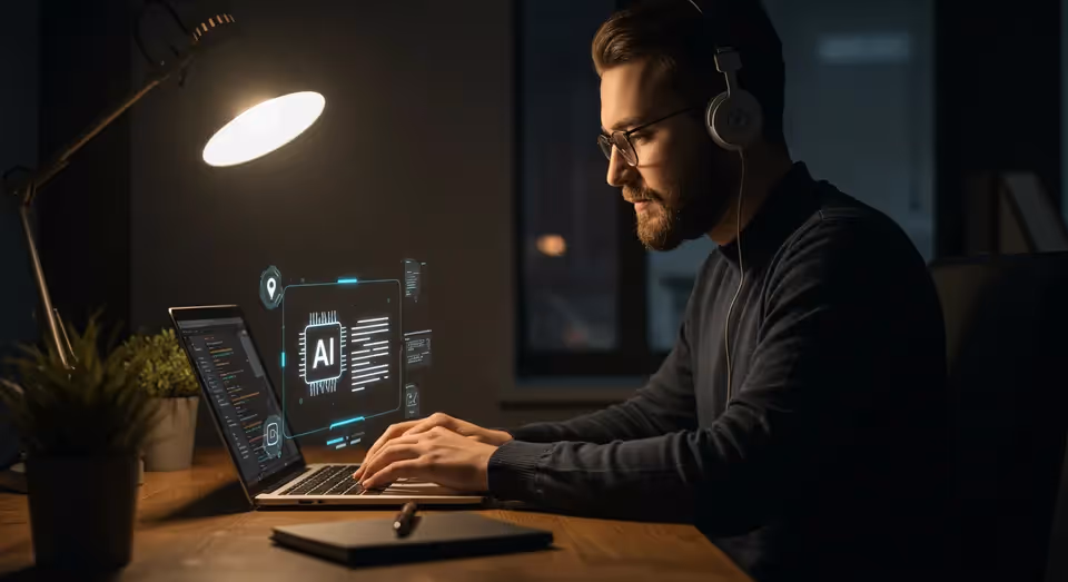 Homem programando com inteligência artificial no notebook