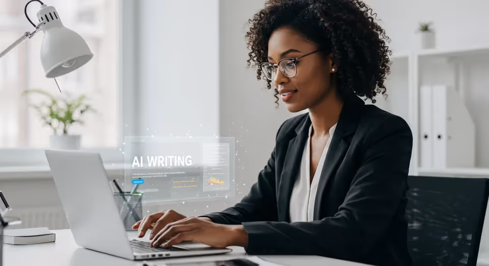Mulher usando inteligência artificial para escrita no laptop