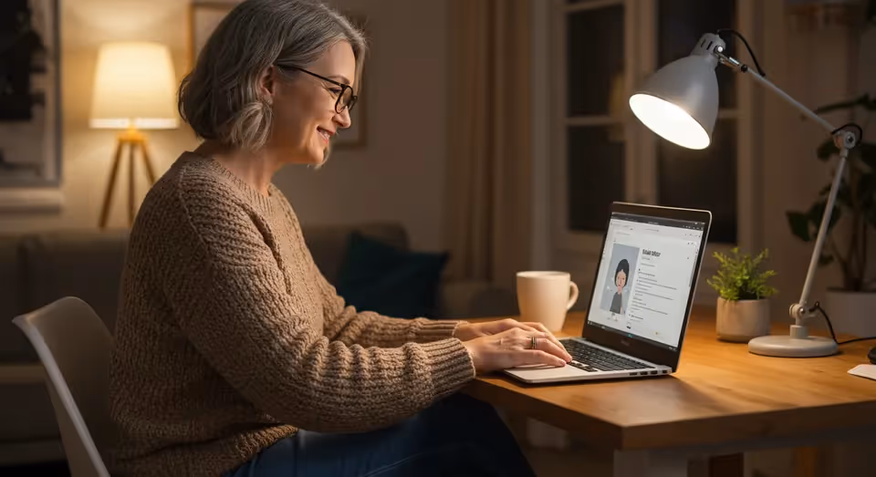 Mulher sorridente trabalhando em laptop em ambiente doméstico