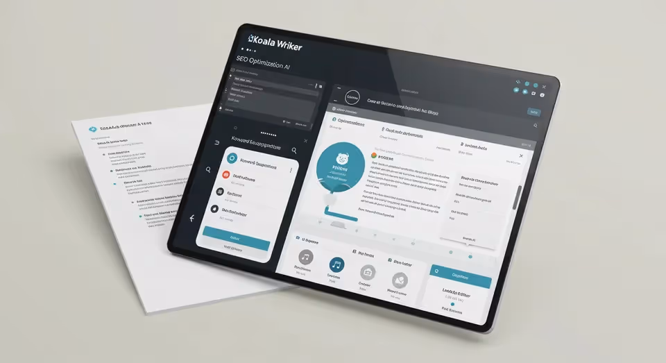 Tablet exibindo painel de otimização SEO com inteligência artificial
