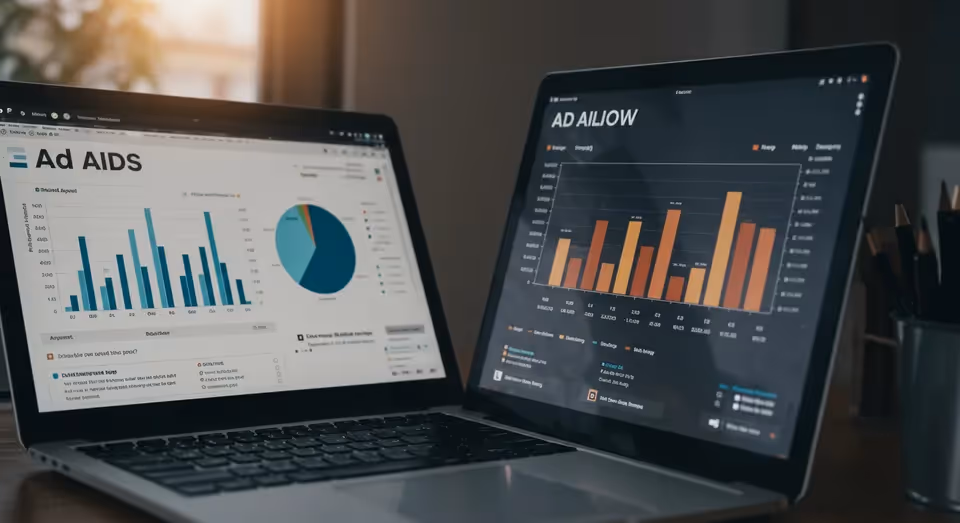 Dois notebooks exibindo dashboards com gráficos e relatórios coloridos.