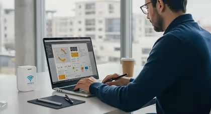 Homem trabalhando em notebook com gráficos e relatórios de desempenho.