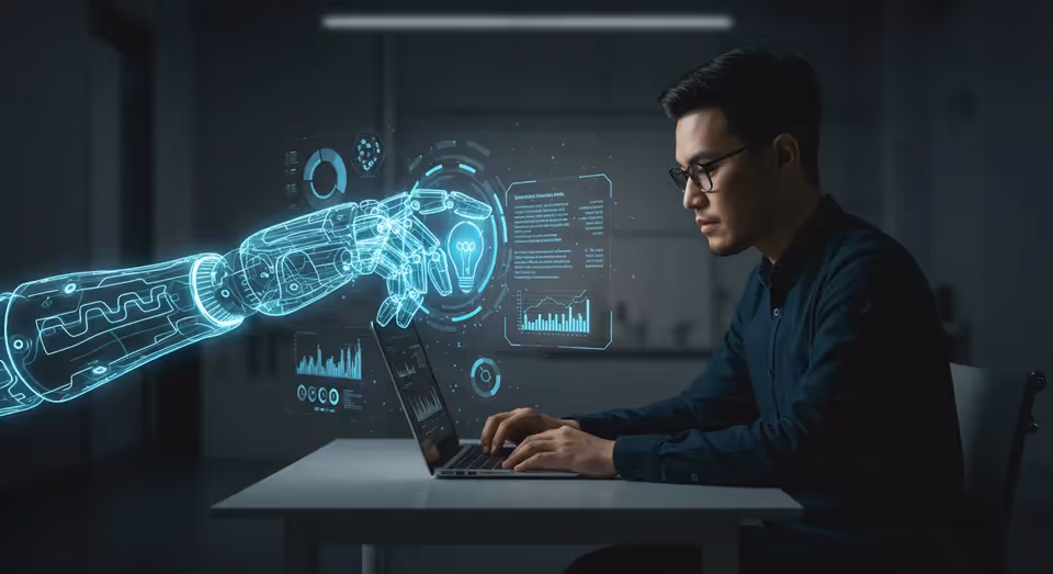 Homem digitando em notebook enquanto braço robótico holográfico interage.