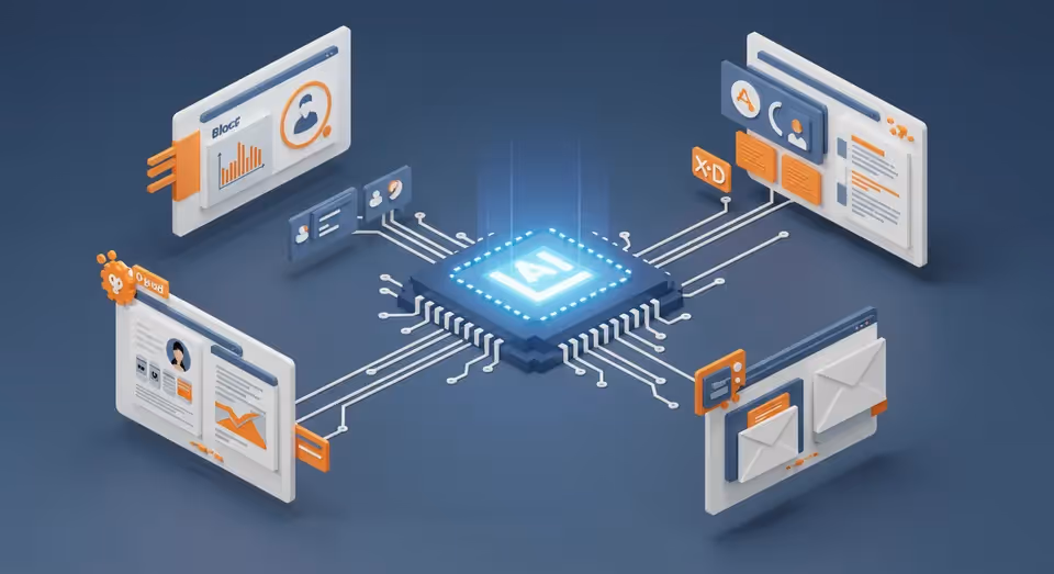 Chip central de inteligência artificial conectado a painéis de dados.