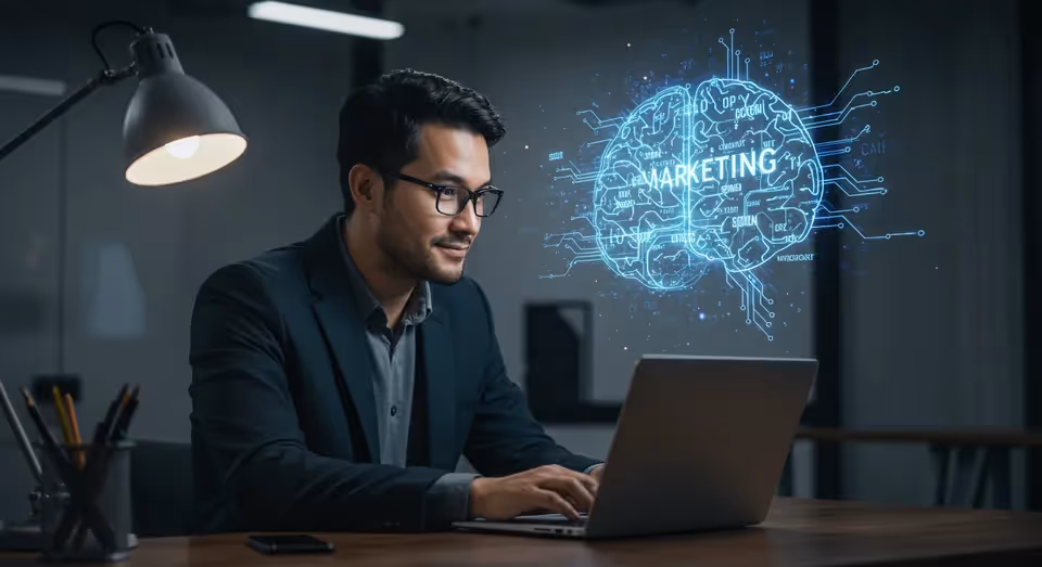 Profissional usando laptop com holograma digital de marketing