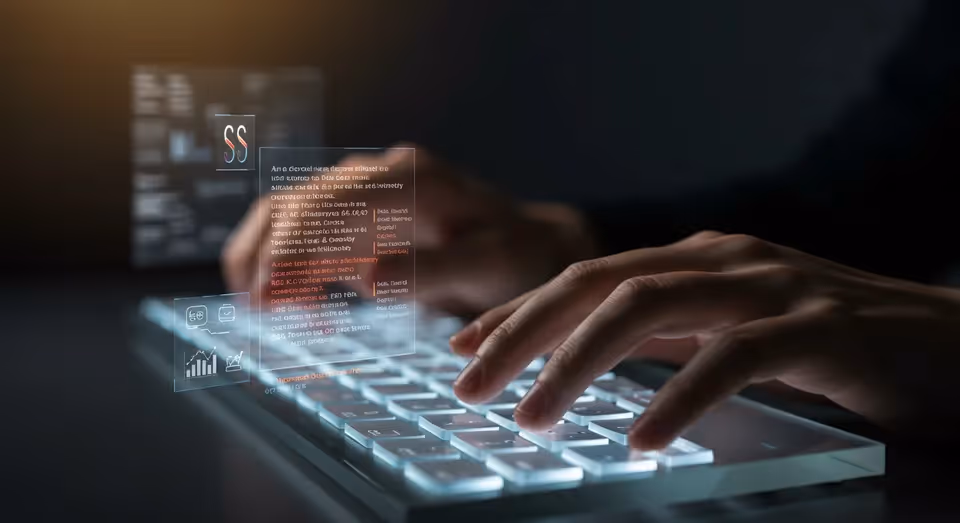 Digitando em teclado digital com hologramas de texto e gráficos