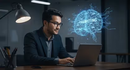 Profissional usando laptop com holograma digital de marketing