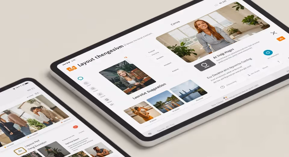 Interface de design digital exibida em tablet com sugestões de layout