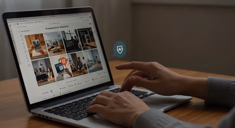 Pessoa usando laptop com modelos de apresentação digitais na tela