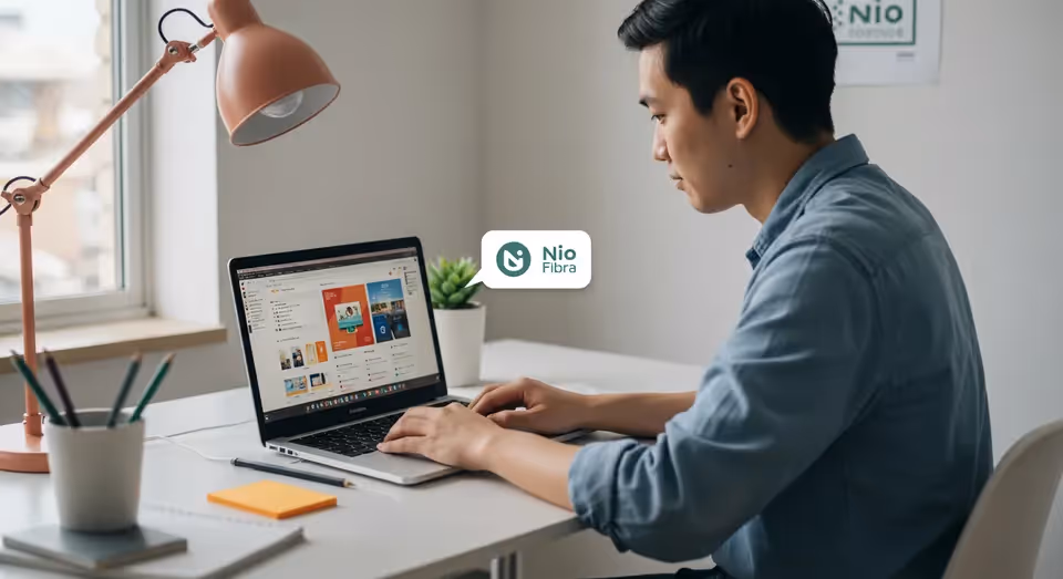 Homem trabalhando em laptop com site da Nio Fibra aberto
