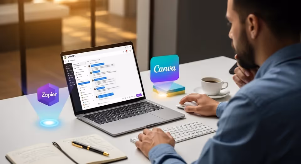 Profissional usando ChatGPT integrado com Zapier e Canva