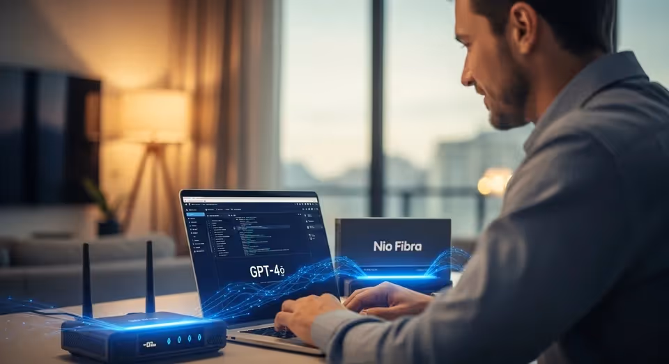 Profissional usando notebook GPT-4o conectado à Nio Fibra