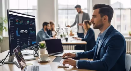 Homem usando computador com tela GPT-4o em ambiente corporativo