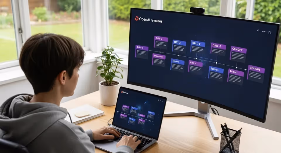 Usuário analisando linha do tempo de lançamentos OpenAI