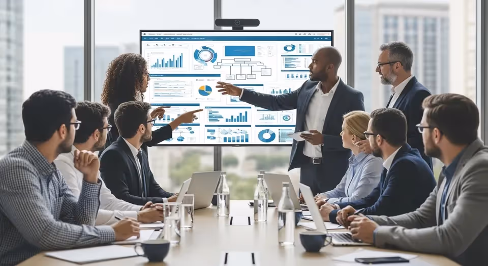 Reunião empresarial com apresentação de gráficos e dados