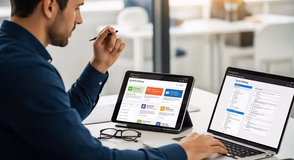 Profissional configurando sistema em tablet e notebook