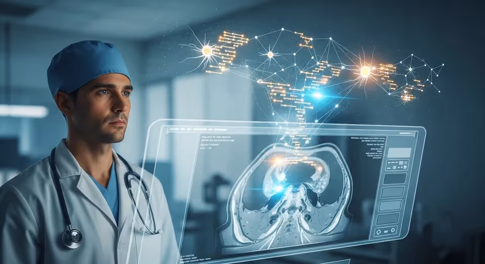 Médico analisando exame com inteligência artificial avançada