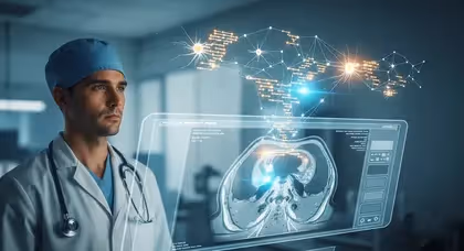 Tecnologia médica com IA auxiliando análise de imagem clínica