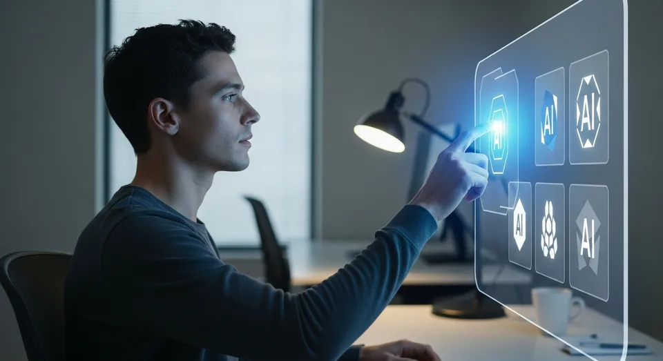 Usuário toca ícone de IA em painel holográfico no escritório