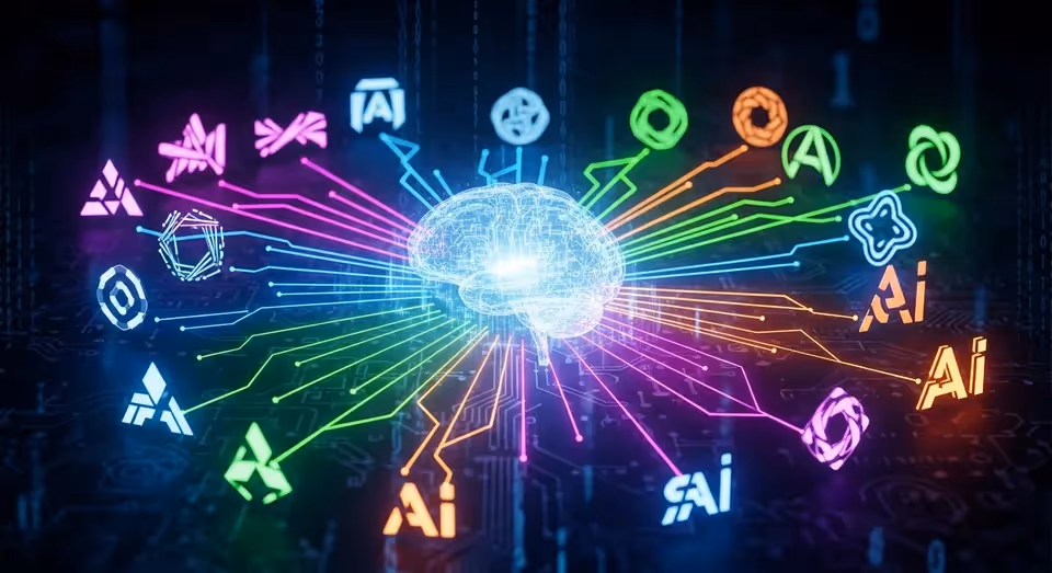 Cérebro digital com logos de IA coloridos irradiando conexões