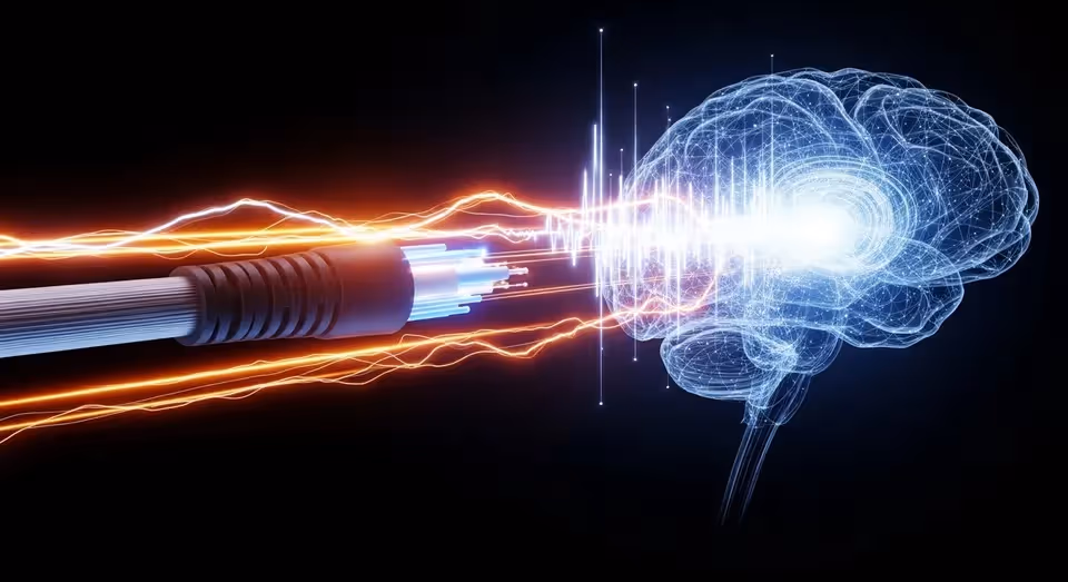 Cabo de fibra óptica transmitindo dados para cérebro digital