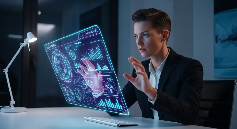 Profissional usando painel holográfico de dados e análises