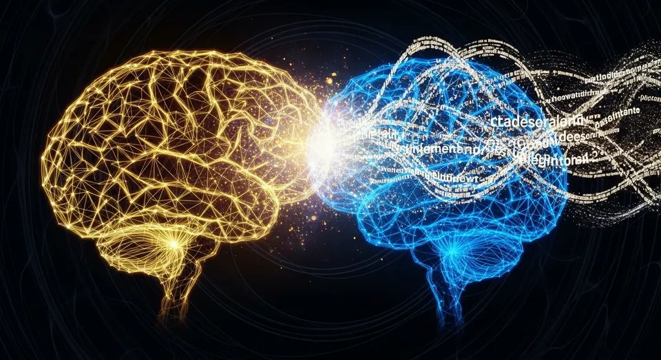 Conexão entre dois cérebros digitais trocando informações