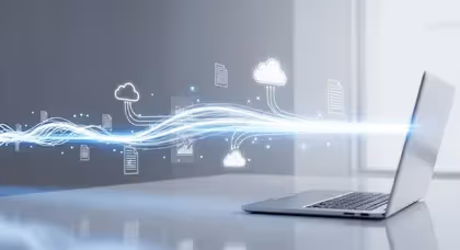 Fluxo de dados digitais conectando nuvem e computador portátil