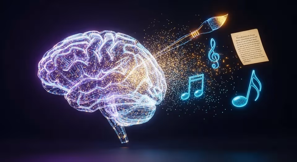 Cérebro digital com notas musicais, pincel e folha criativa