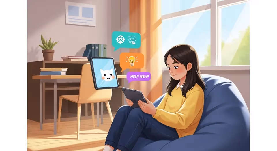 Menina usando tablet com assistente virtual em casa moderna