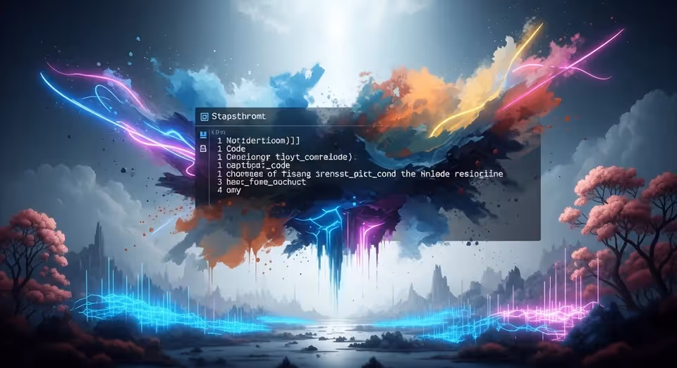 Código digital com fundo artístico colorido e formas luminosas