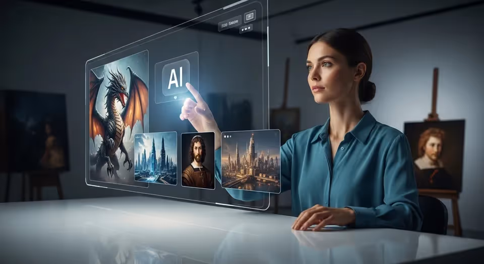 Mulher usa tela holográfica para gerar imagens com inteligência artificial