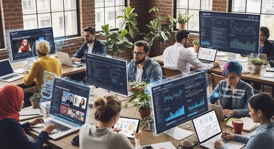 Equipe de desenvolvedores colabora em projeto com telas digitais