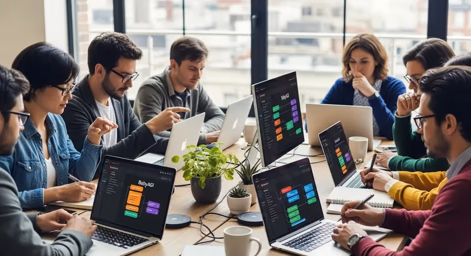 Equipe de programadores colabora em projeto BabyAGI em grupo