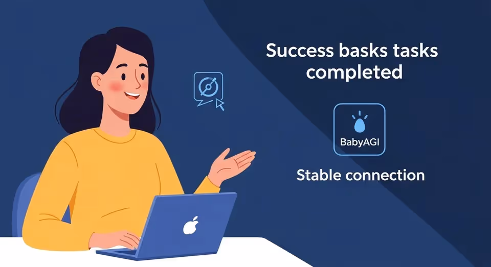 Ilustração mulher com notebook explica tarefas concluídas BabyAGI