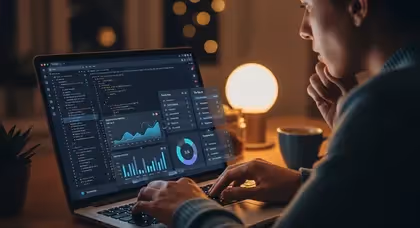 Profissional analisa dashboards e código em notebook iluminado