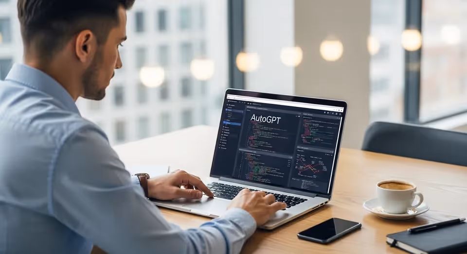 Desenvolvedor programando AutoGPT em ambiente corporativo