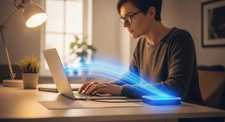 Profissional realiza backup digital com fluxo de dados visível