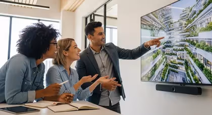 Equipe apresenta projeto de arquitetura sustentável em tela