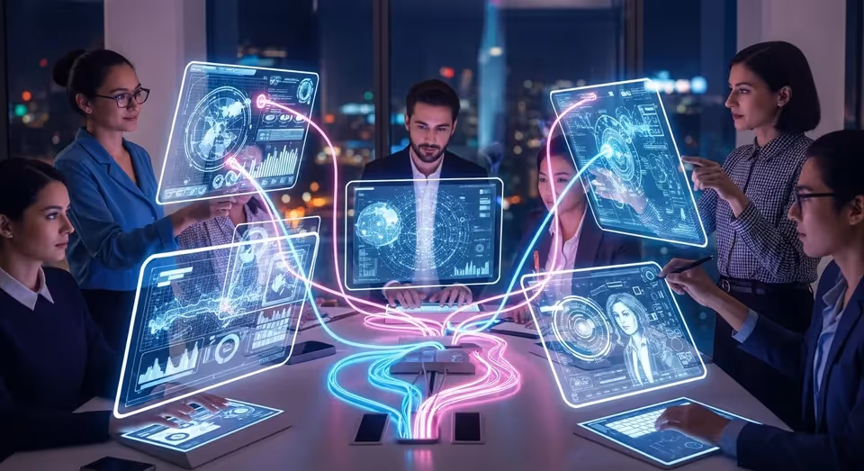 Profissionais usando painéis digitais interativos de inteligência artificial