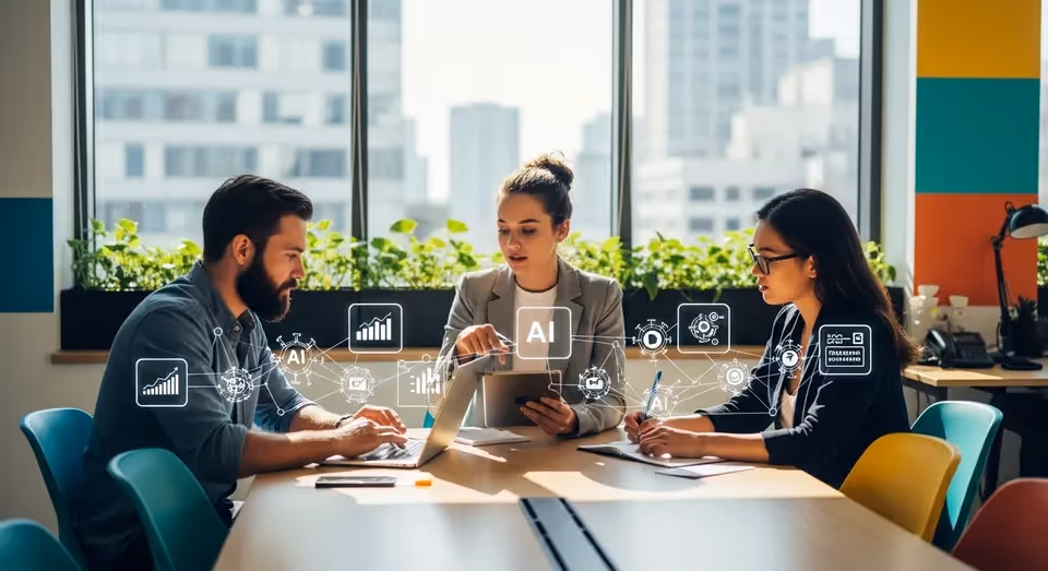 Profissionais analisando dados de IA em reunião corporativa