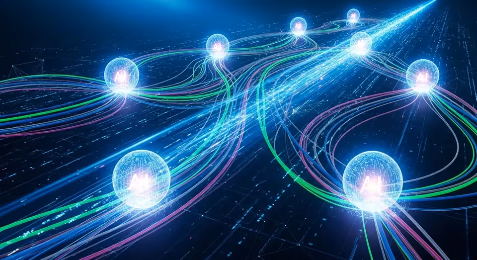 Reunião noturna com telas virtuais e dados conectados por IA