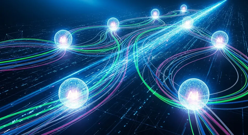 Reunião noturna com telas virtuais e dados conectados por IA