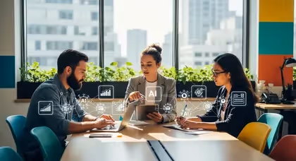 Profissionais analisando dados de IA em reunião corporativa